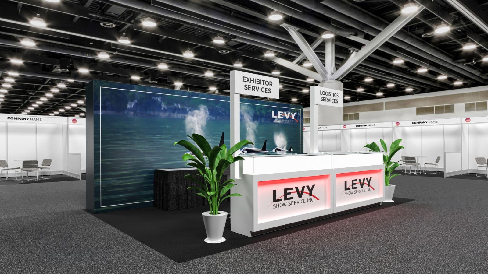 Render of the LEVY exhibitor services and logistics services desk on a show floor, with lit LEVY Show Service Inc. counter fascias and an orca backwall graphic.